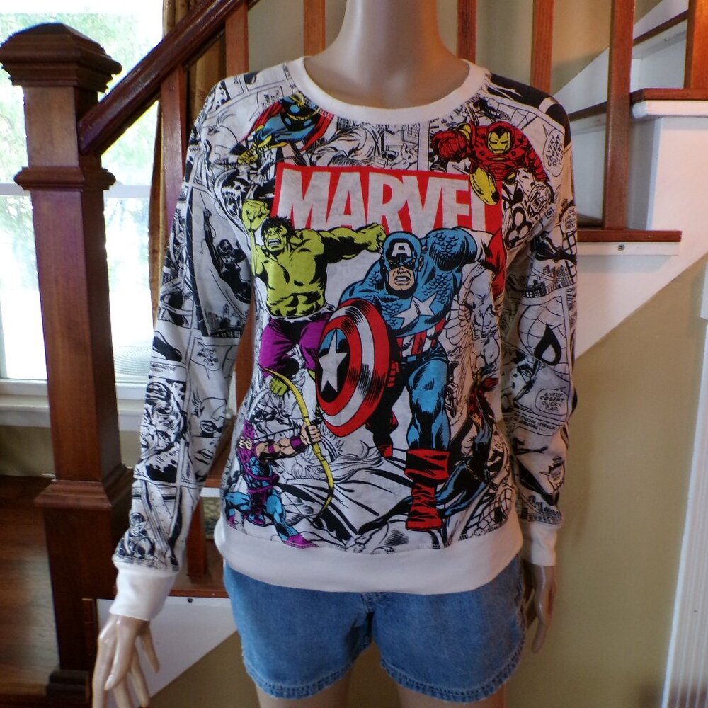MARVEL Women's Comic Strip Style Tee Shirt Long Sleeve Size Small